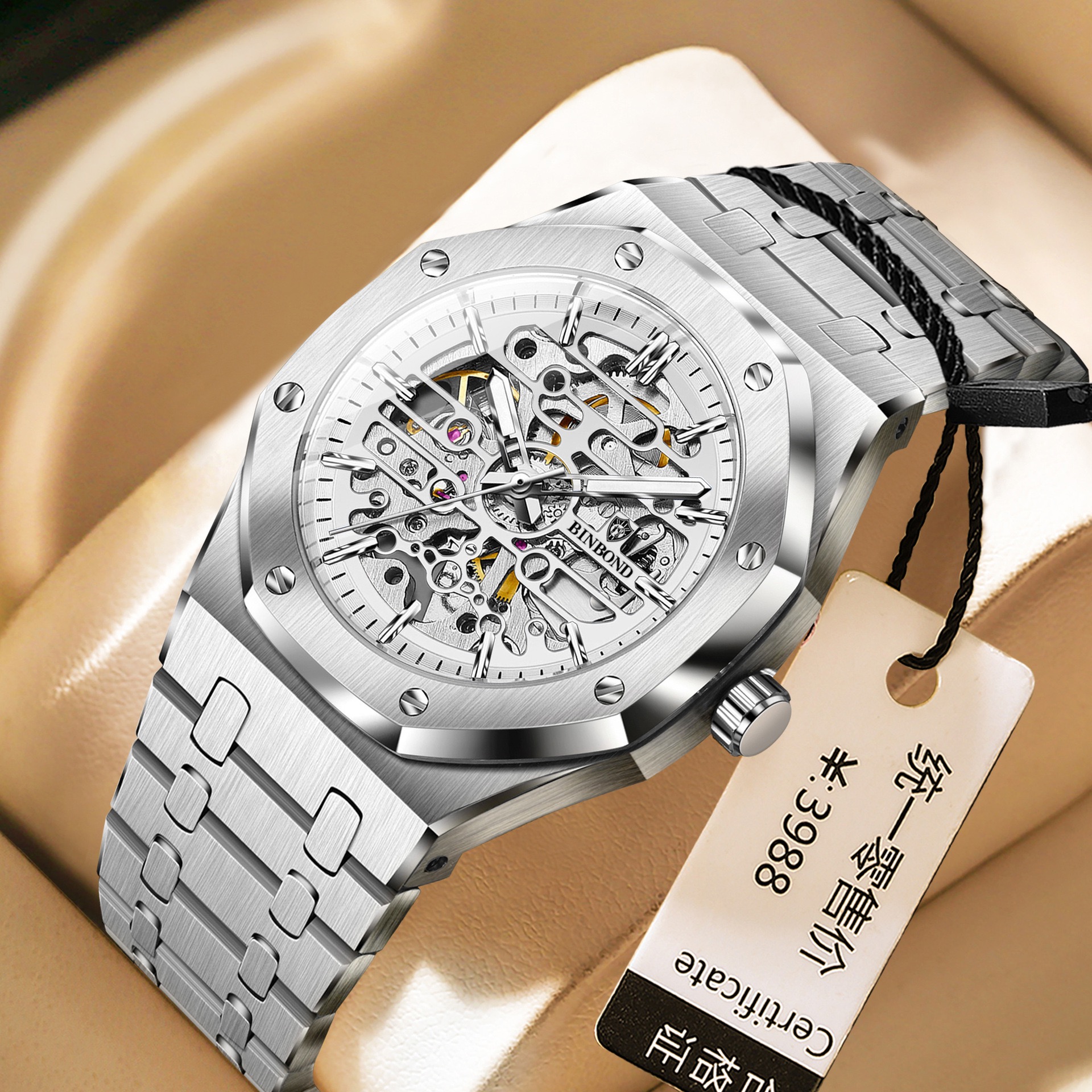 BINBOND J1030 Full Silver Skeleton Watch, 42MM Steel Case, Stainless Steel Strap, 30M Water Resistant, High-Hardness Coated Lens Quartz Watch