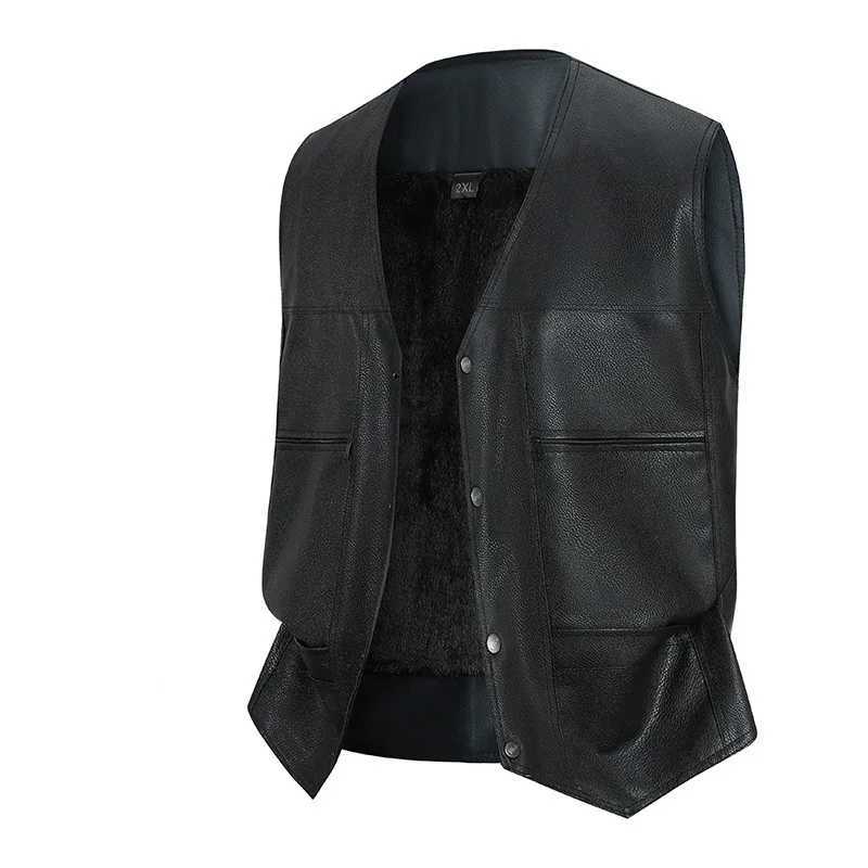 2025 Men Leather Vest Autumn Winter Simple Solid Color Round Neck Male Waistcoat Single-breasted Sleeveless Man Plush CoatG251218