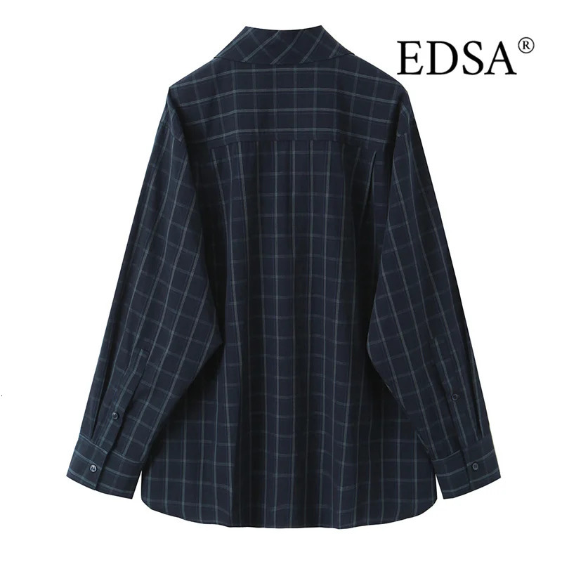 EDSA Women Navy Blue Plaid Shirt with Pocket Square for Office Lady Single Breasted AllMatch Tops 251217
