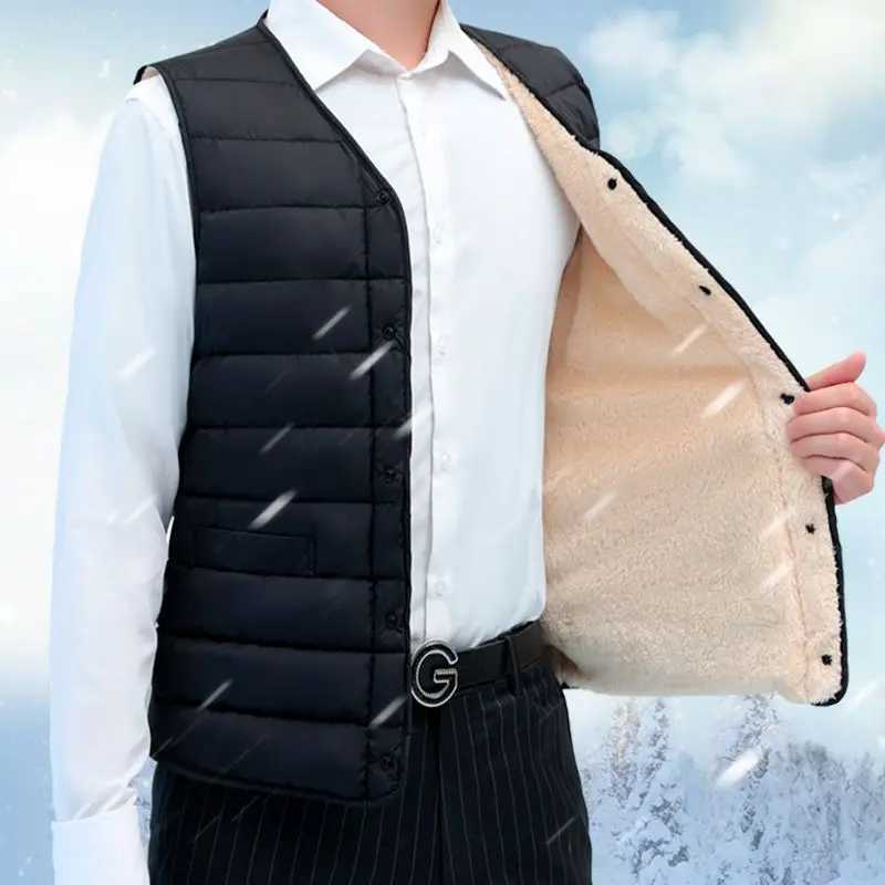 Mens Warm Fleece Lined Cotton Vest Thickened Short Winter Gilet for Dad Plus Size Middle Aged Elderly Autumn Winter Casual WearG251218