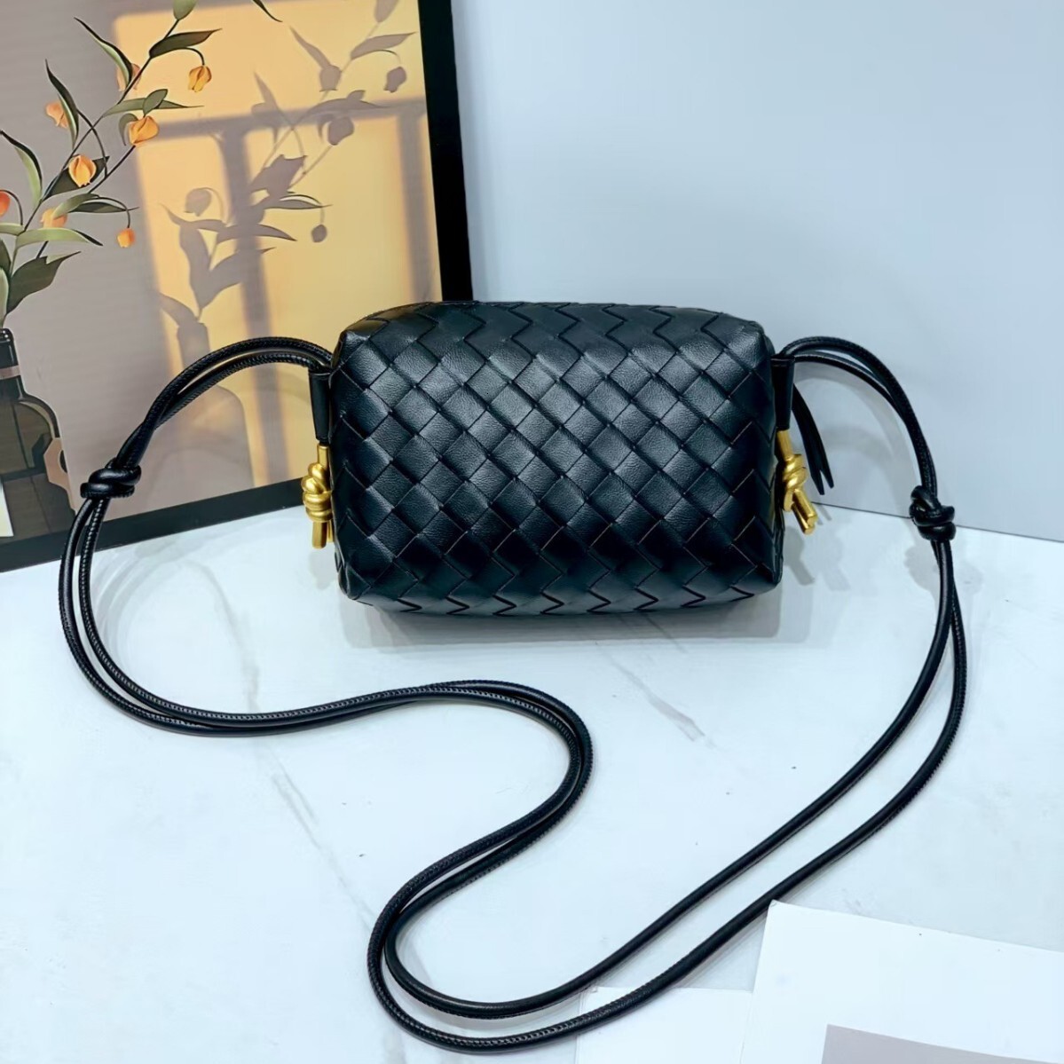 Female designer bag - woven bag - hand-held shoulder crossbody bag with metal knot and fine rope adjustable bv small square bag
