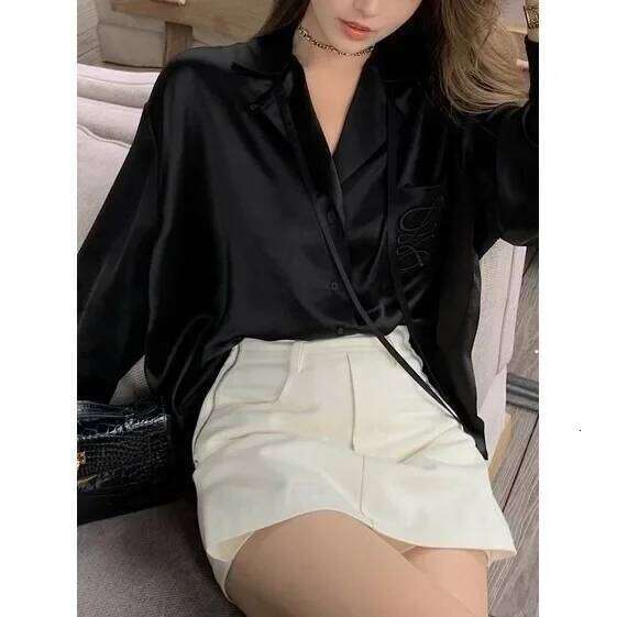 Spring Summer Women's New Glossy Thousand Needle Design Black White Slim Fit Button Up Pure Color Full Sleeve Shirt