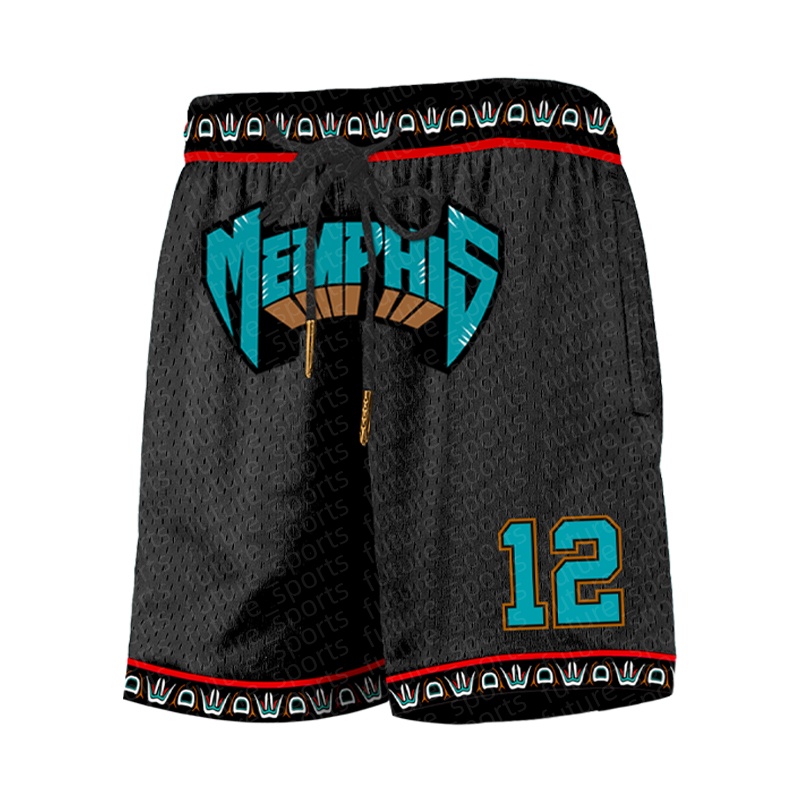 Black men's 12 casual basketball pocket zipper shorts, classic retro MEMPHIS embroidered shorts, breathable and fashionable casual sports basketb