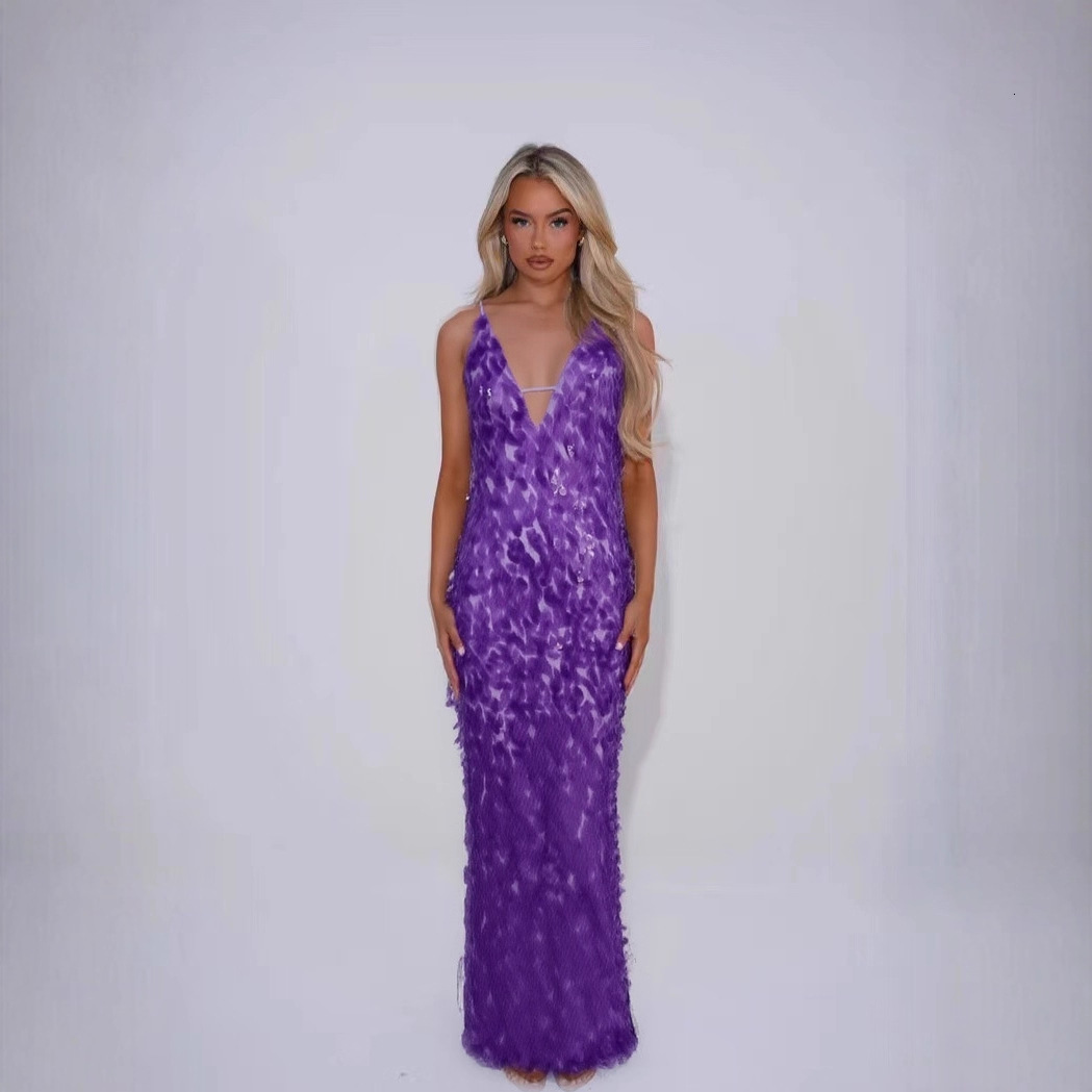 Sequin Mesh Halter Dress V-Neck Suspenders Slim Fit Sexy Backless Glitter Women Beach Fishtail Strap Long Dresses Socialite Gown 250823