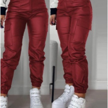 2024 Spring Summer Womens Fashion Motorcycle Zipper Ruched Pocket Sexy PU Casual Patch Pocket Slim Fit Long Pants 240910