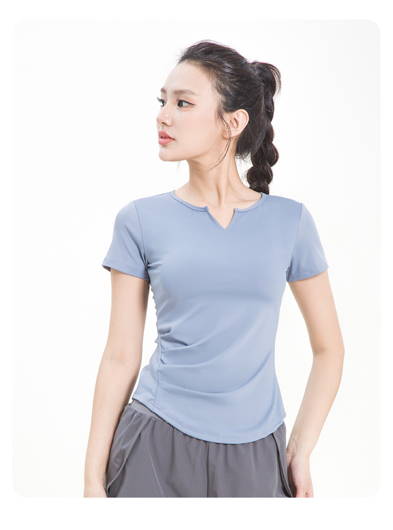 Women's V-Neck Short-Sleeve Ruched Gym T-Shirt - Buttery Soft, Slim-Fit, Quick-Drying & Versatile Athletic Top for Running & Yoga