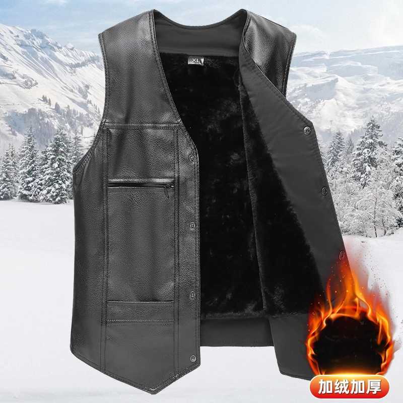 2025 Winter Men Thick Warm Fleece Leather Vest Coat Male V-Neck Single Breasted Vest Casual Male Clothing OuterwearG251218