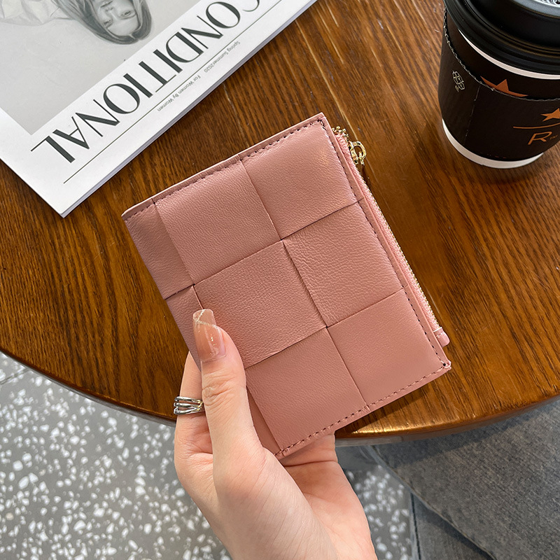 Genuine Leather Small Wallet for Women Sheepskin Woven Short Style Multi Card Slot Vintage Design 1100368158