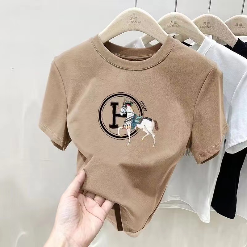 Shoulder cotton slim short sleeve multi color T shirt with western style and age reducing women's new top in summer of 2025