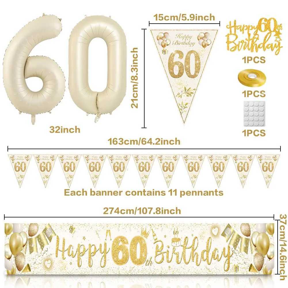 60th Birthday Decorations for Women Men 60th Birthday Decoration Kit with Sand White Gold Happy 60th Birthday Banner White Gold X251218 - view 3