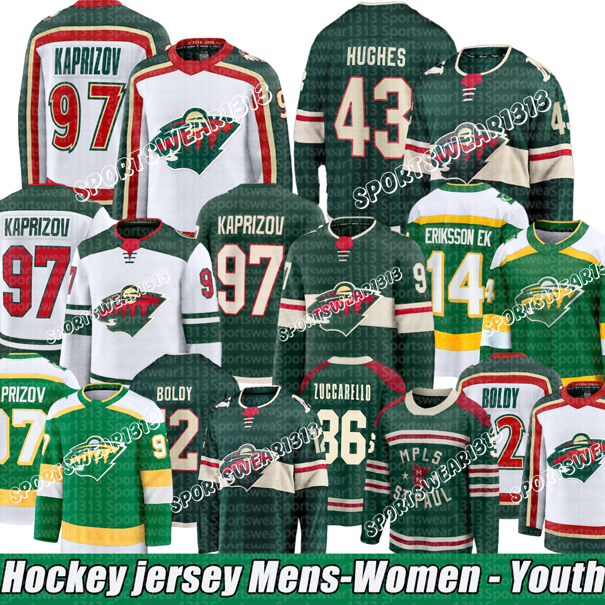 Minnesota city Wilds Jersey #43 Hughes 97Kirill Kaprizov 12Matt Boldy 7Brock Faber 36Mats Zuccarello Hockey Jerseys