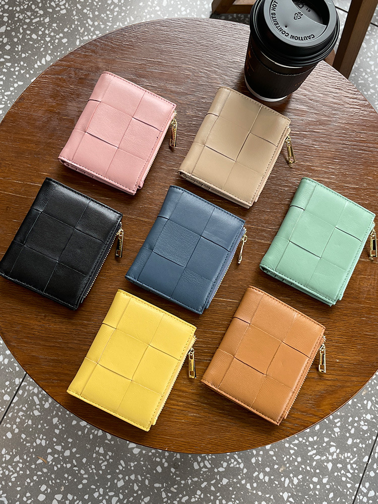 Genuine Leather Small Wallet for Women Sheepskin Woven Short Style Multi Card Slot Vintage Design 1100368158