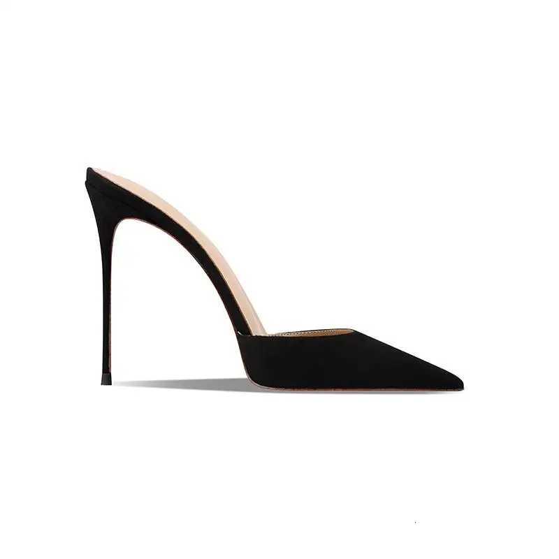 2025 new black suede high-heeled slippers with a warm and sexy temperament pointed and slim heels for women Z251218
