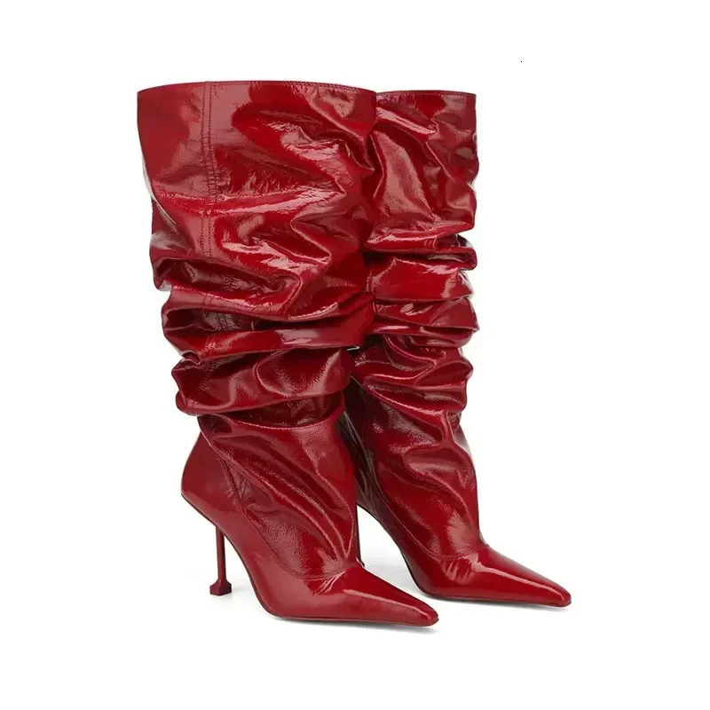 Autumn and Winter Slim Fit High Heels Knee High Pleated Womens Boots Fashionable Pointed Sleeves Womens Mid Length Boots 251217