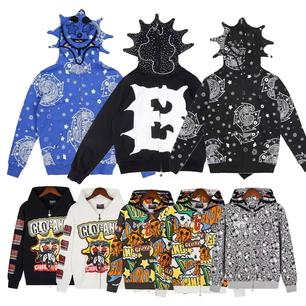 Hoodie Men's jacket Fast Glo Gangs The Glory Full Zip designer Hoodie High Street Printed Men Women Drink Cartoon Hoody Sweatshirts Long Sleeved Zipper Skull Sweater