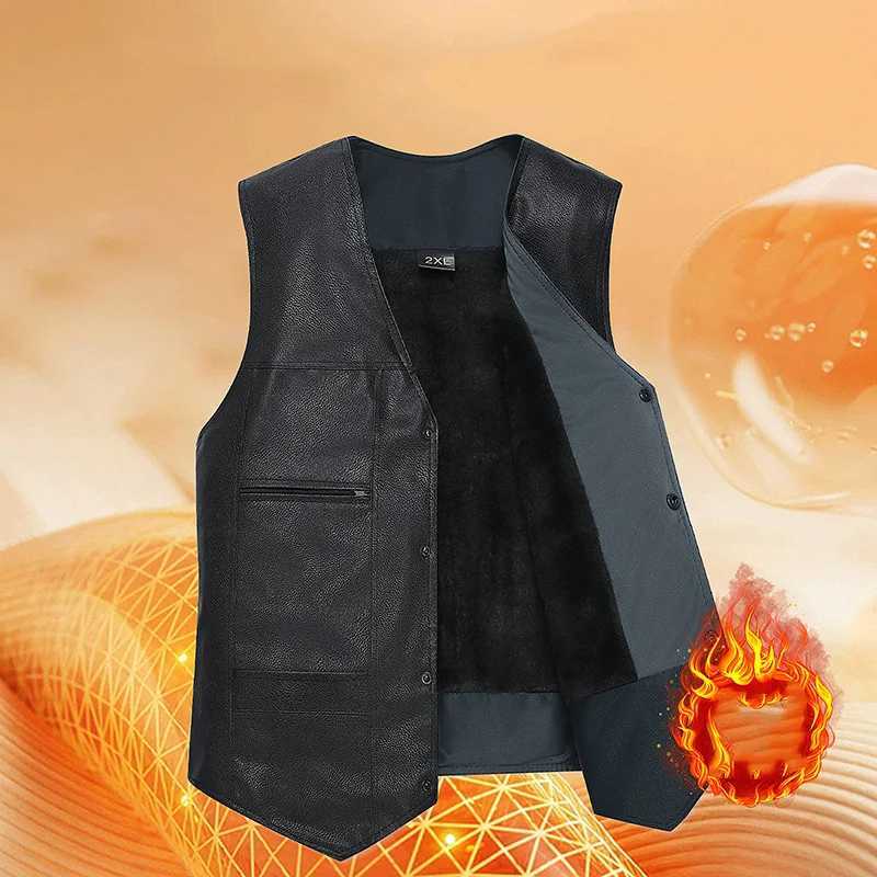 2025 Men Leather Vest Autumn Winter Simple Solid Color Round Neck Male Waistcoat Single-breasted Sleeveless Man Plush CoatG251218