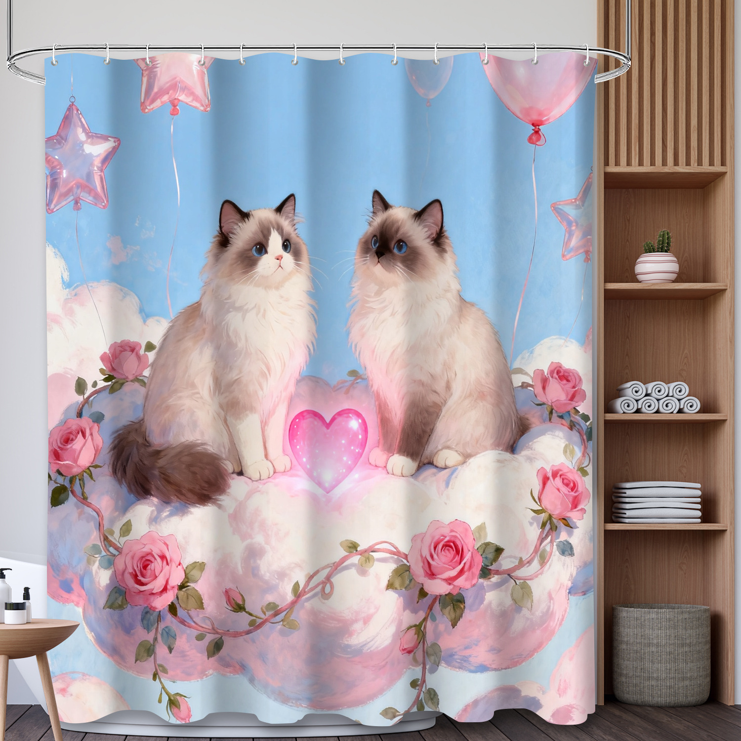 YL-37985 Cute Animal Shower Curtain for Valentine's Day, 3D Digital Printed Polyester Shower Curtain, No Need for Drilling