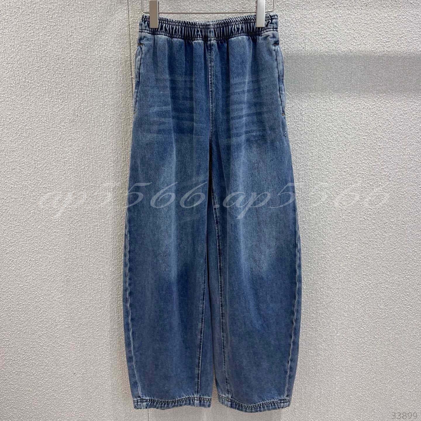 (Order by pic in opt, not by desc) Women's Blue Denim Wide-Leg Pants - Elastic Waist Jeans with Letter Embossing & Cuffed Hem