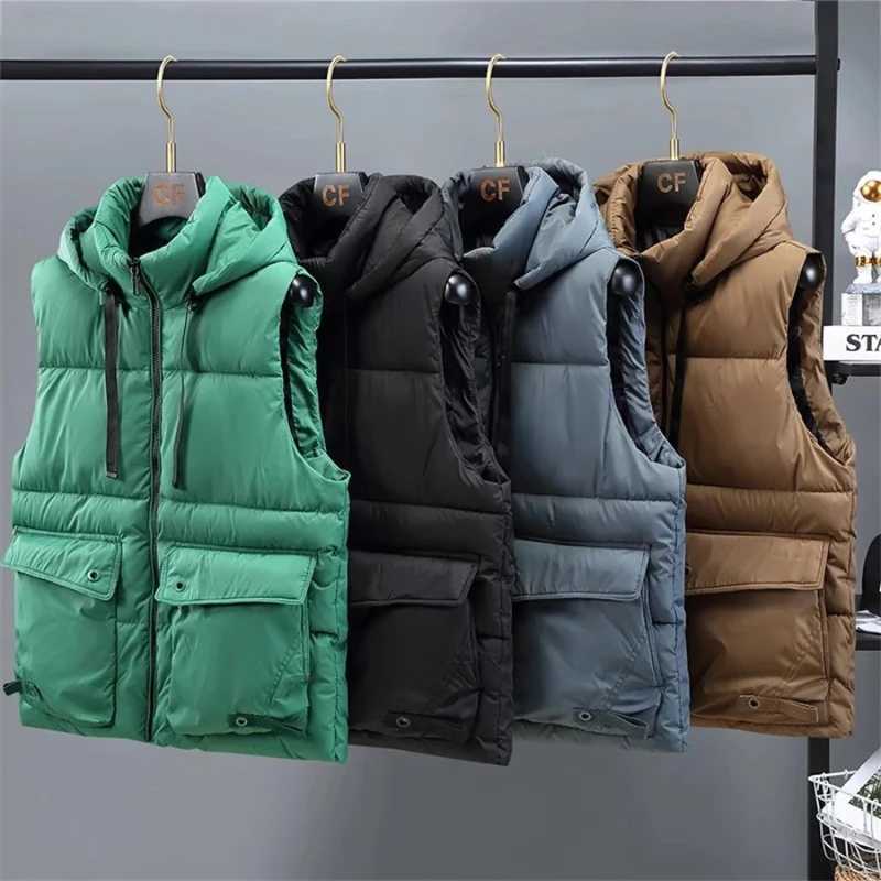Mens Hooded Vest Winter Zipper Warm Stand Collar Waistcoat Men Cotton Padded Sleeveless Jackets with Big Pockets 2025G251218