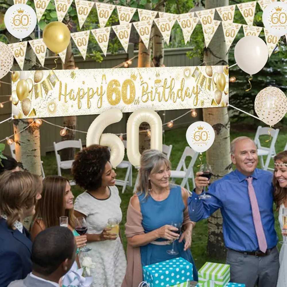 60th Birthday Decorations for Women Men 60th Birthday Decoration Kit with Sand White Gold Happy 60th Birthday Banner White Gold X251218 - view 5