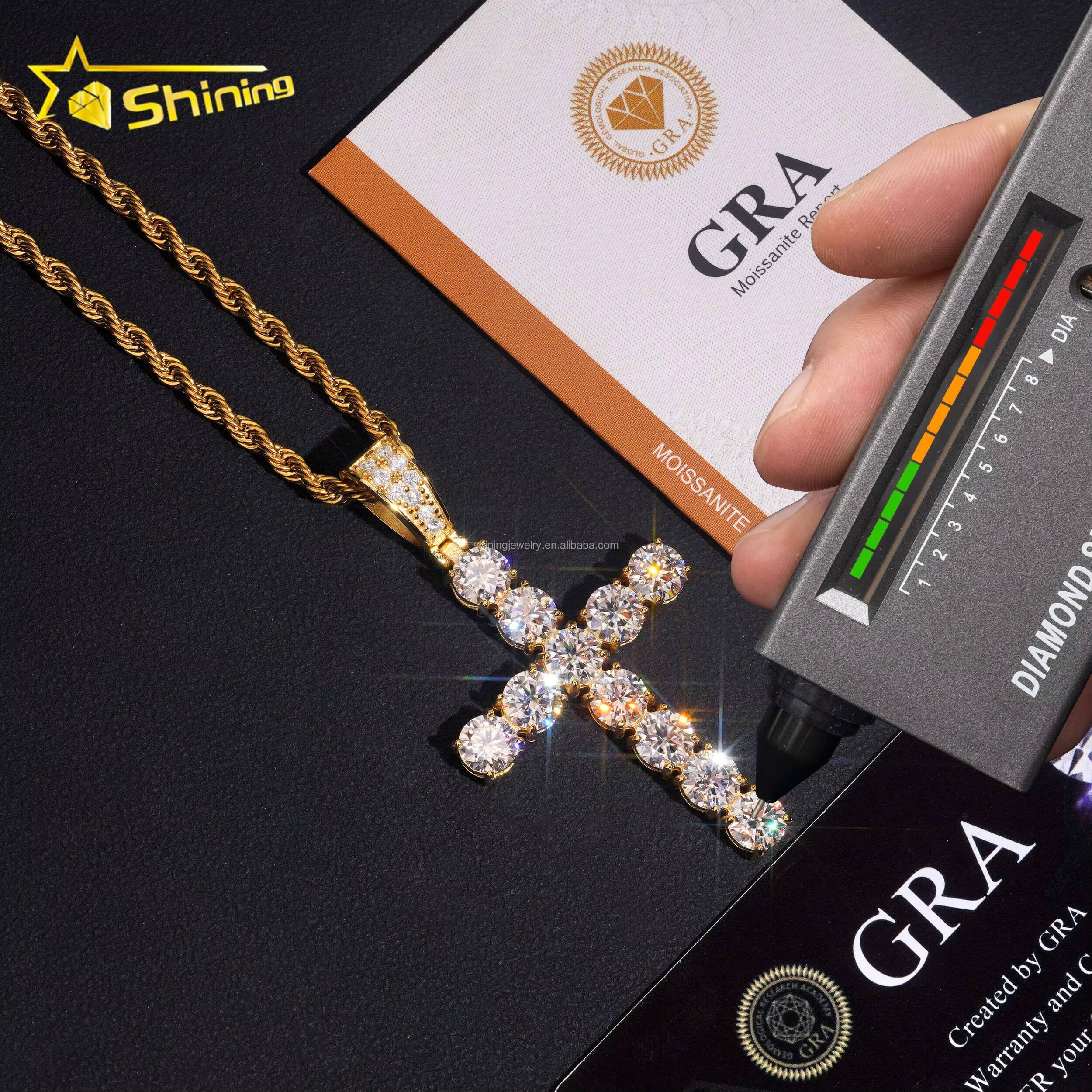 Bulk Stock Man Gift Hot Selling GRA Certified 925 Sterling Silver Gold Plated VVS1 Moissanite Diamond Solitaire Cross Pendant