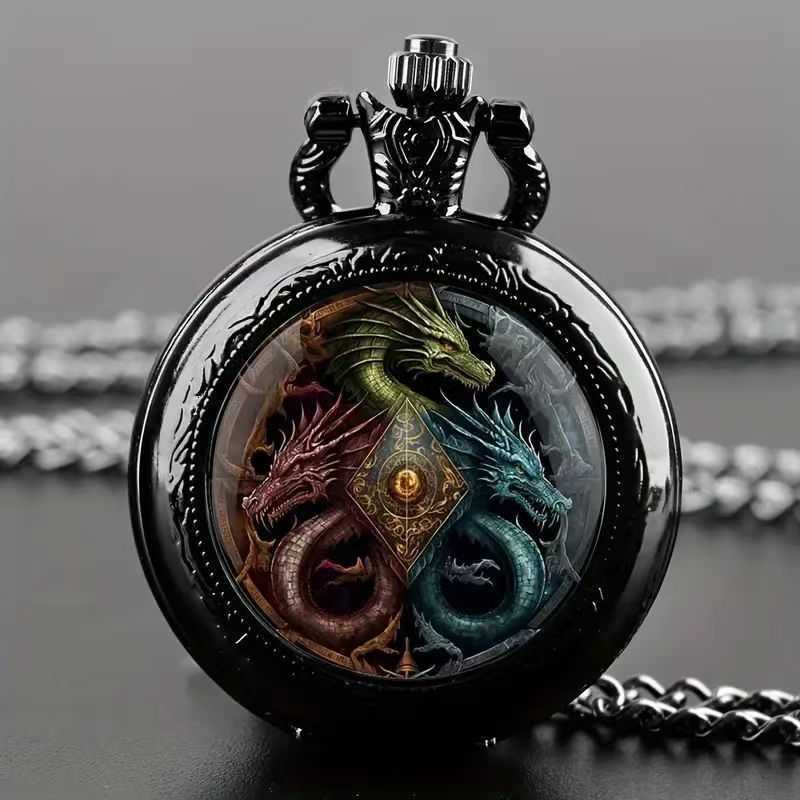 Colorful pattern pocket watch retro flip cover decorative necklace watch trendy and unique for both men and women student quartz watchXJ241219