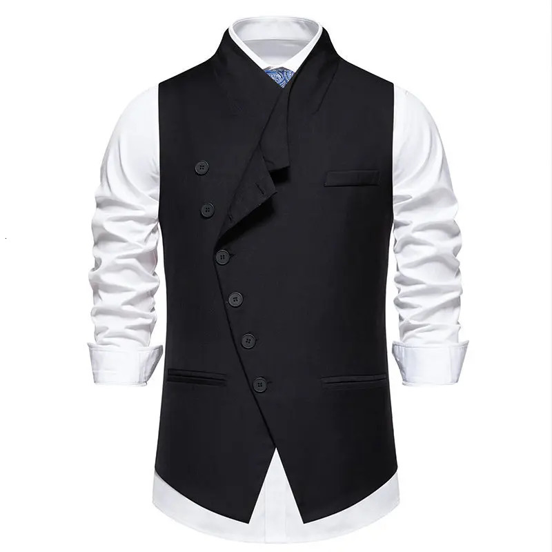 Spring Autumn Fashion Mens Grey Balck Single Breasted Suit Coat Diagonal Placket Solid Color Vest Male Slim Waistcoat 251203