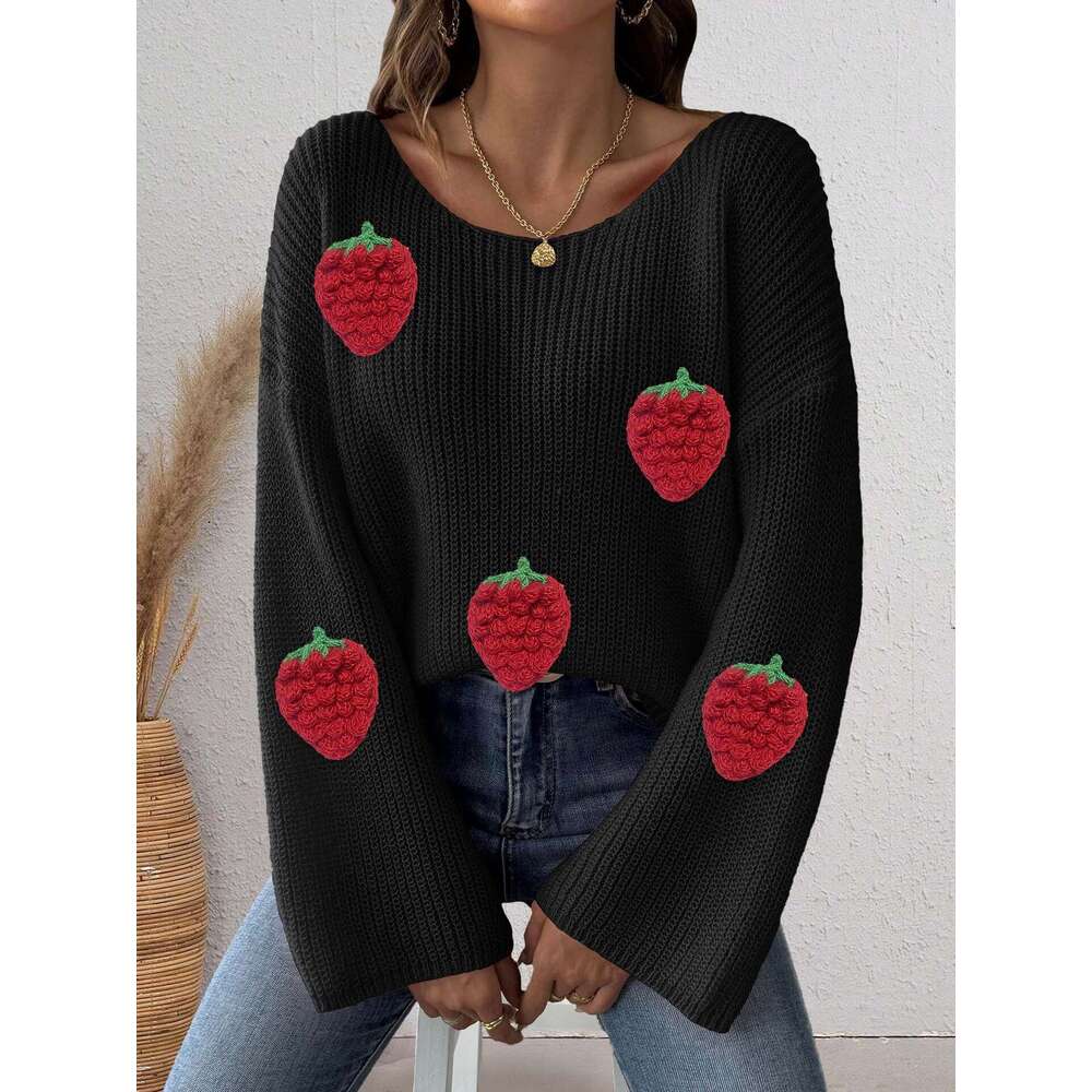 Designer Women's Pullover Cross-Border European And American Fashion Strawberry 3D Patchwork Loose Off-Shoulder Bell Sleeve Sweater 358d 56d8