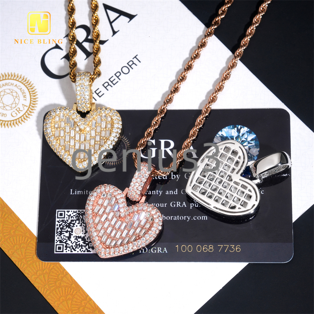 Ready to Ship Valentines Day Gift Heart Pendant Moissanite Pendant Baguette Pass Diamond Tester Hip Hop Iced Out Pendant