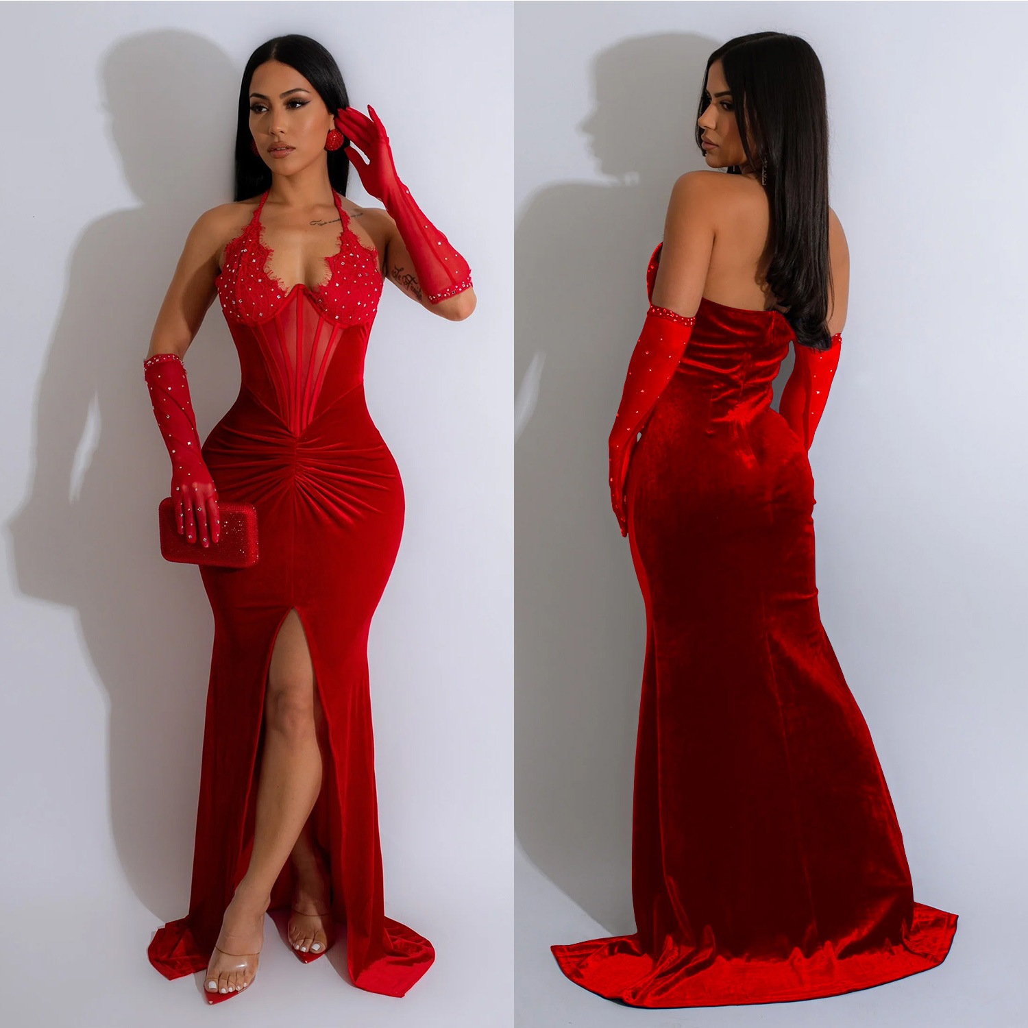 C6801 Fashion Womens Solid Color Halter Neck Slit Sexy Long Dress 241007