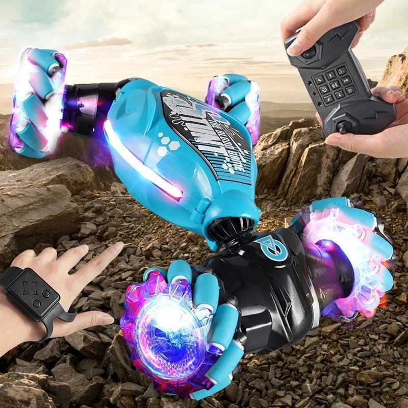 4WD RC Drift Car With Music Led Lights 24G Gesture Radio Remote Control Spray Stunt Car 360 Rotating Climbing Car Toys Gift G251218