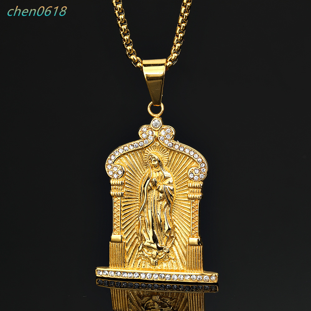 14K gold original designer-made religious jewelry of the Virgin Mary; moissanite 14K gold pendant