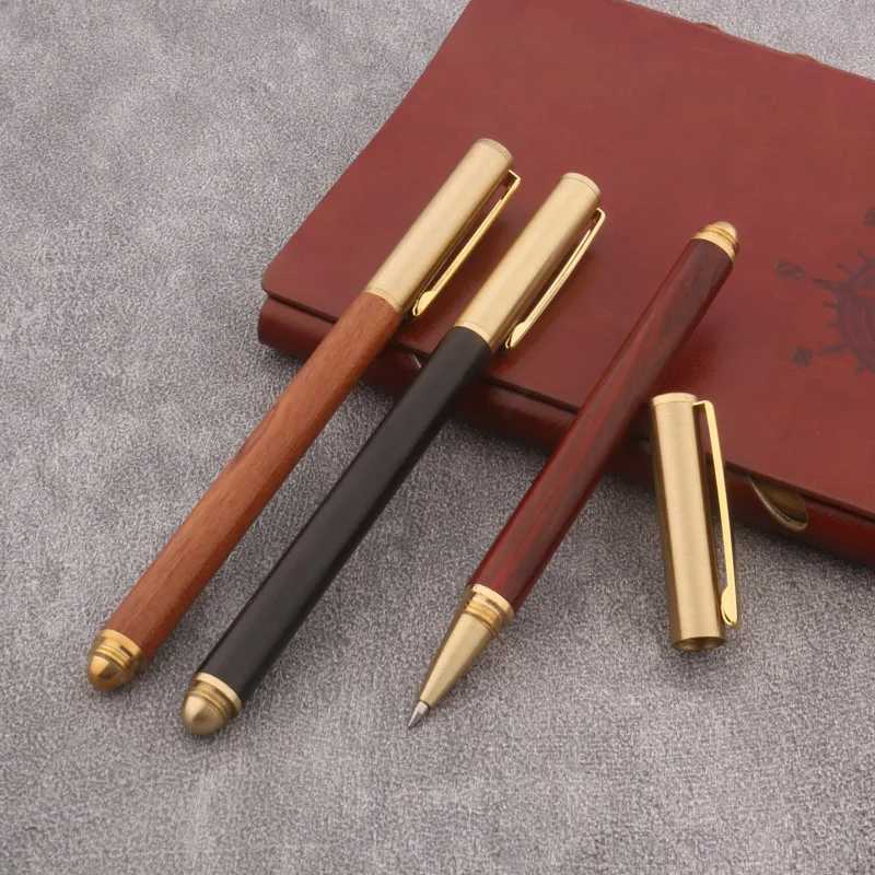 High Quality Brass Roller Ball Pen Ebony Wood Spin Stationery Off School Supplies Signature Ink Pens New Y251218