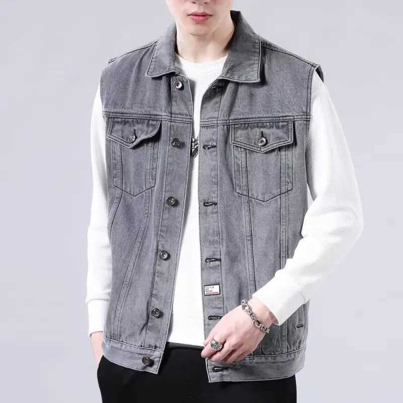 High end retro denim vest mens sleeveless lapel vest vest multi pocket workwearG251218