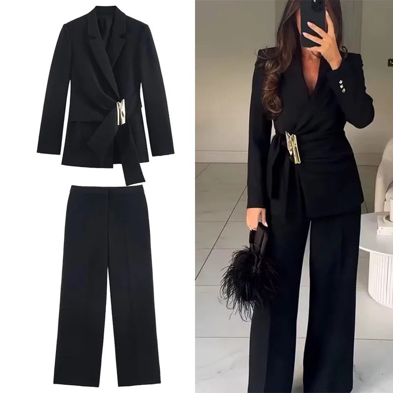 Womens Suit Pants TwoPiece Set Buckle Decoration Long Sleeve Blazer Coat StraightLeg 2 Pieces Sets Chic Woman Outfits 251213