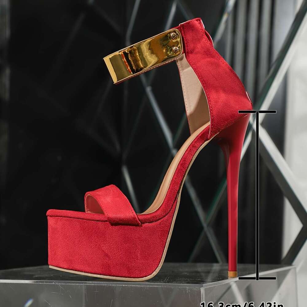 Golden Glitter High Heel Pumps - Women's Fashion Stiletto Open Toe Platform Sandals With Ankle Strap