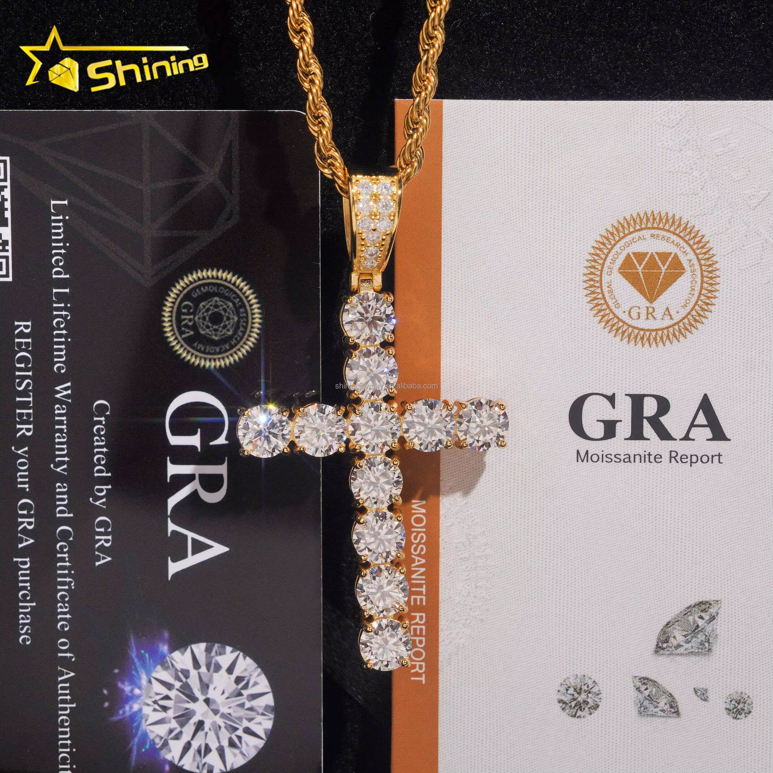 Bulk Stock Man Gift Hot Selling GRA Certified 925 Sterling Silver Gold Plated VVS1 Moissanite Diamond Solitaire Cross Pendant