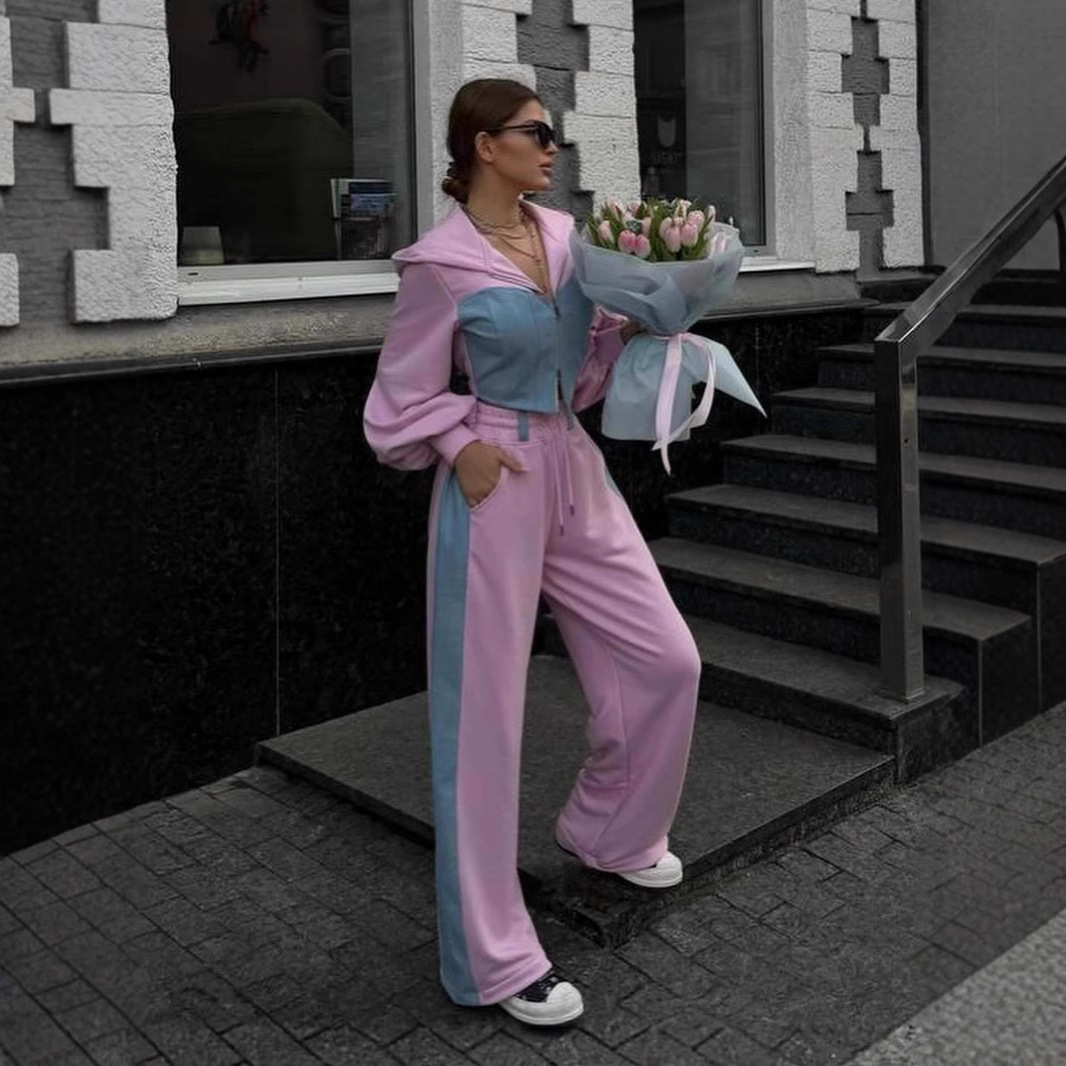 Casual Pant Sets Denim Splicing 2 Pieces Set Summer Polo Collar Zipper Tops High Waist Wide Leg Trousers Women Clothing Suit 240807