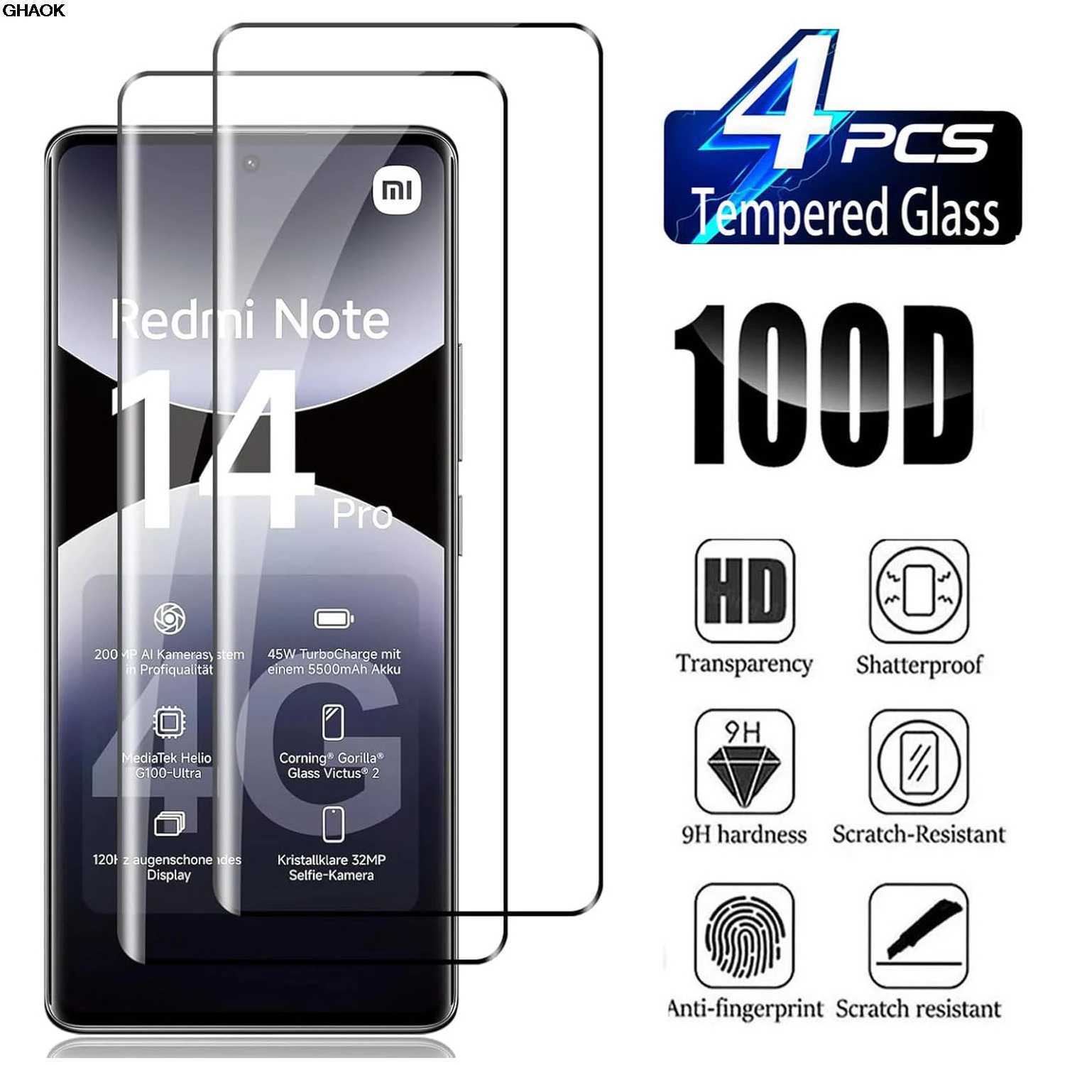 2/4Pcs HD Tempered Glass For Redmi Note 14 Pro PLUS 5G HD Note 13 Pro plus Curved Four Sides Glue Screen Protector G251218