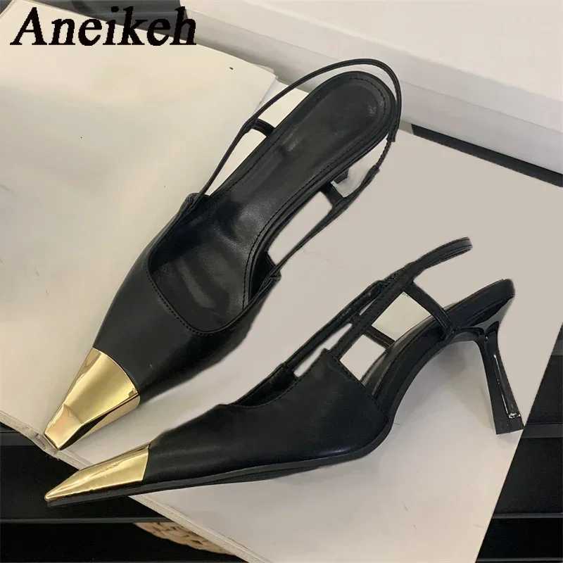 Aneikeh Street Style Sexy Pointed Toe Slingbacks Pumps Women Stripper Sandals High Heels Female Banquet Shoes Brown Kitten Heels Z251218