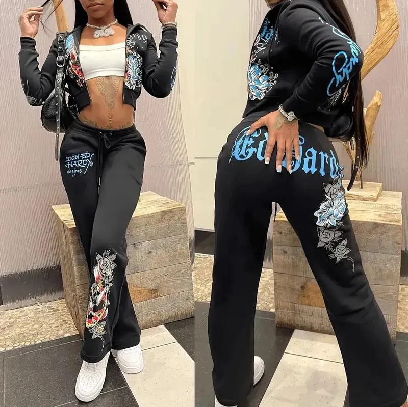ed hardies designer tracksuits women 2 piece set womens outfits strapless casual printed pants cardigan Y2K straigt trousers street zipper ooded