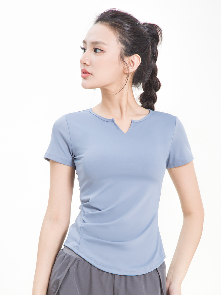 Women's V-Neck Short-Sleeve Ruched Gym T-Shirt - Buttery Soft, Slim-Fit, Quick-Drying & Versatile Athletic Top for Running & Yoga