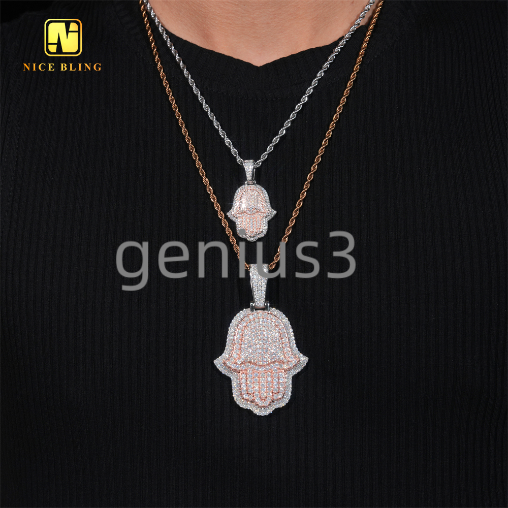 Iced Out Hip Hop Rapper Jewelry Pendant Custom Diamond Two Tone White Rose Gold 925 Silver VVS Moissanite Hamsa Pendant Necklace