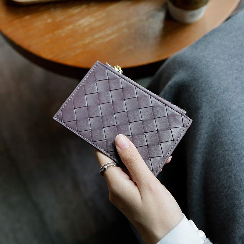 2025 style handmade sheepskin woven checkered card holder for women thin genuine leather coin purse integrated bag
