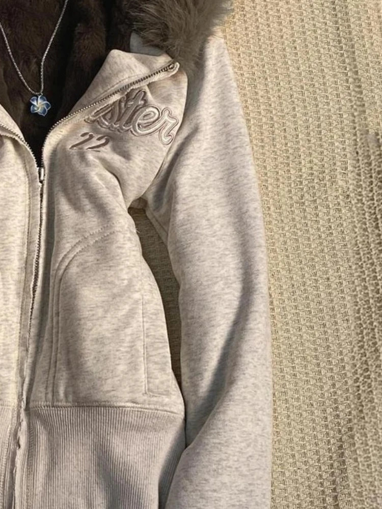 Y2k Aesthetic Vintage Fur Patchwork Hoodies Autumn Grunge Letter Embroidery Hoody Streetwear Cropped Zipper Sweatshirt Jackets 251212