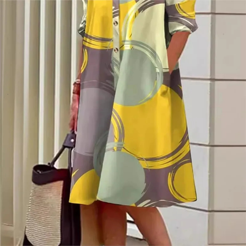 Fashionable Color Printed Blouse Dress Long Sleeved Flip Tie Button Up Shirt Sleeve Pocket Midi Spring Dress 2025 Product 251213