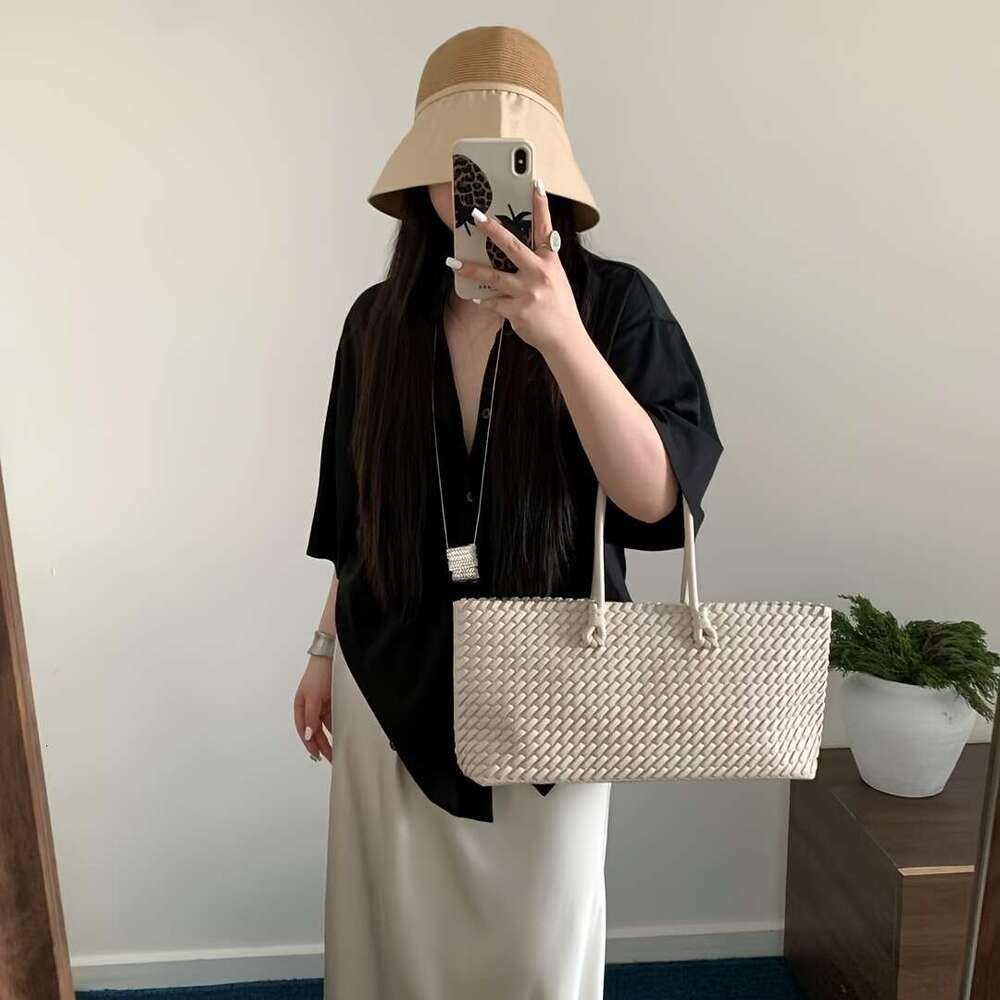 Women S Large Tote Bag Double Sided Wicker Like Handbag With Woven Front Layer Like Texture Drawstring Closure Wrist Strap Multi Color Turquoise Mint