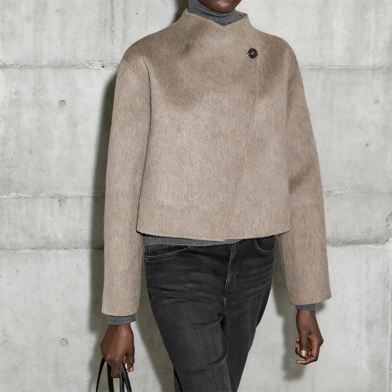 Women's Jackets Minimalist Luxury Style Woolen Blend Coat Trendy Single Button Stand Collar Short Outwears 2025 Autumn Winter Lady Coats