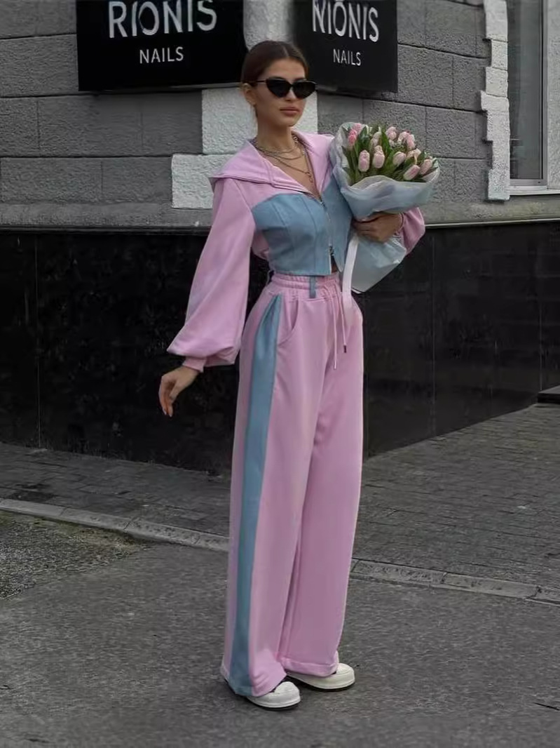 Casual Pant Sets Denim Splicing 2 Pieces Set Summer Polo Collar Zipper Tops High Waist Wide Leg Trousers Women Clothing Suit 240807