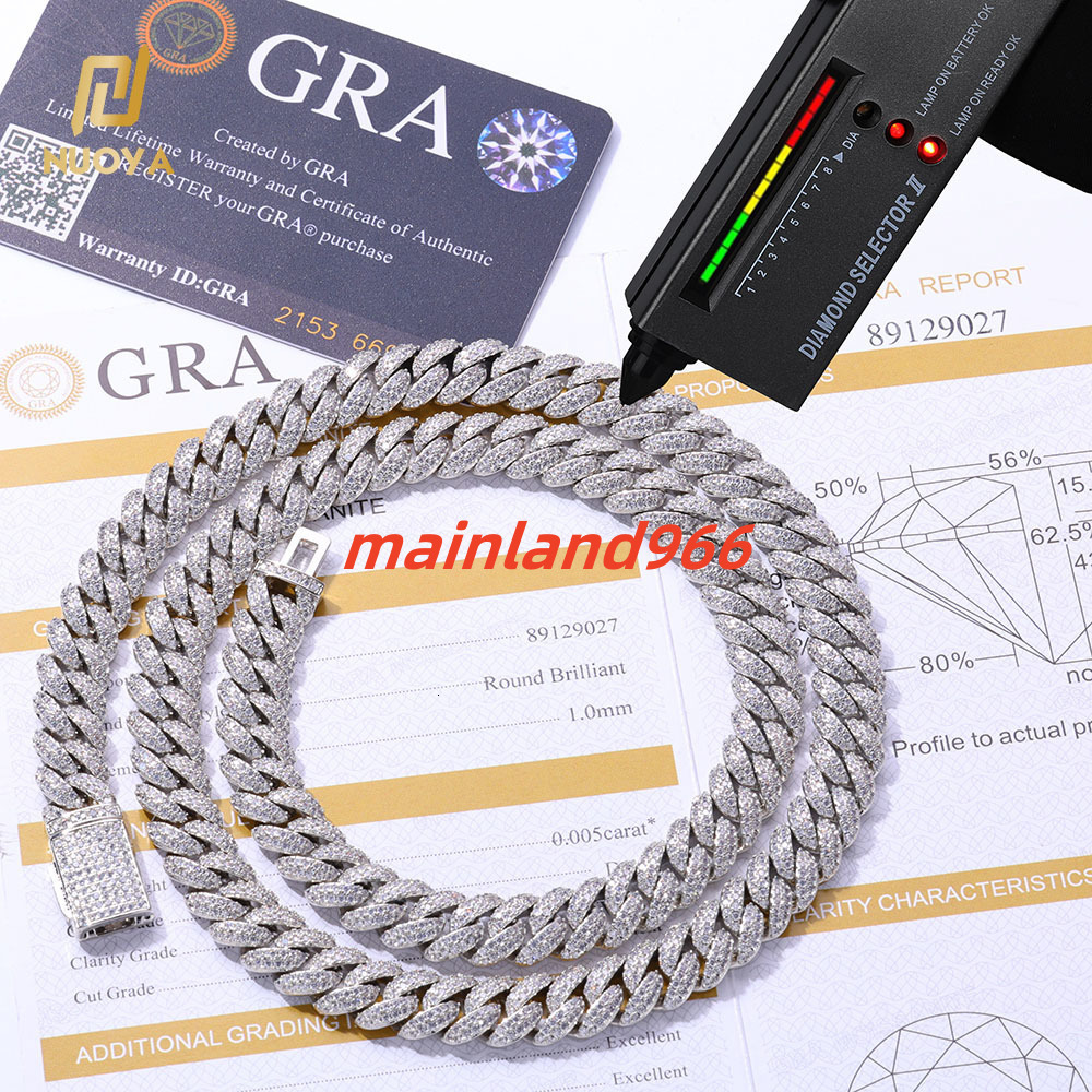 NUOYA 10mm Moissanite 925 Sterling Silver Cuban Chain GRA Certificate Two Row VVS Moissanite Miami Cuban Chain Diamond Necklace